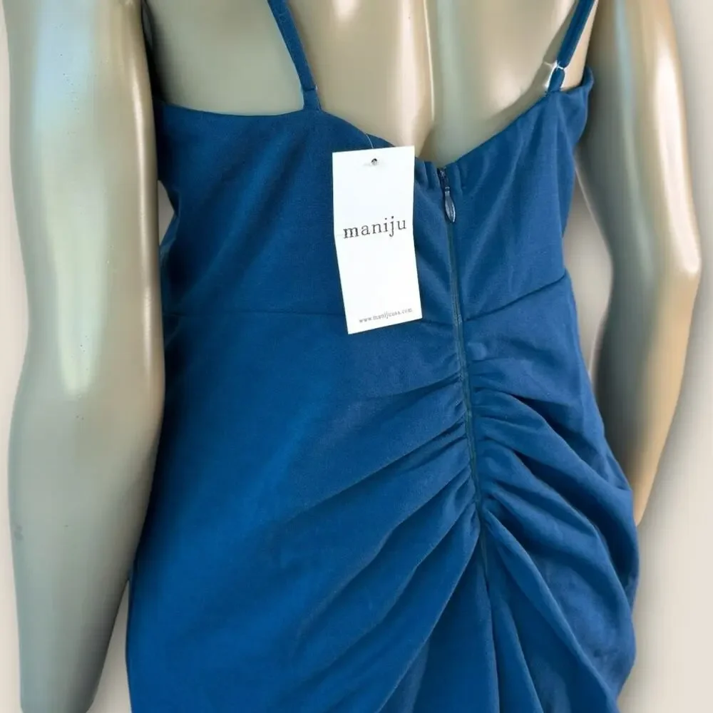 Maniju Long Gown Formal Dress Womens L Teal Spaghetti Straps Side Slit NWT - Picture 10 of 14